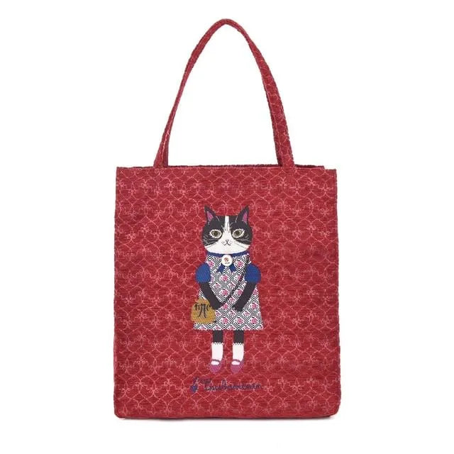 Parlor Suzurando Cat Jacquard Small Tote Bag Red