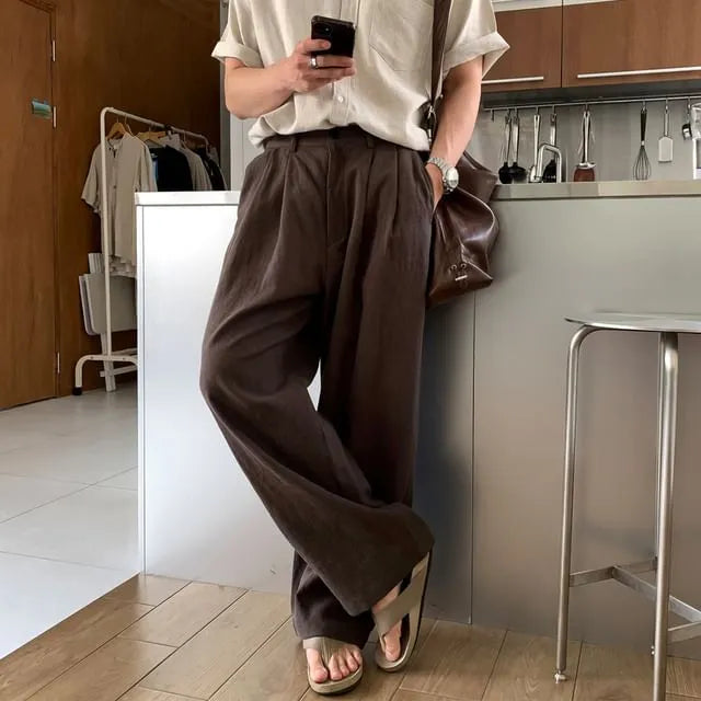 High Waist Linen Plain Baggy Wide Leg Pants