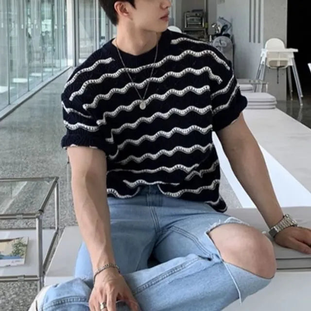 Short-Sleeve Crewneck Wavy Stripe Knit Top