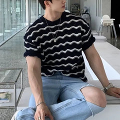 Short-Sleeve Crewneck Wavy Stripe Knit Top