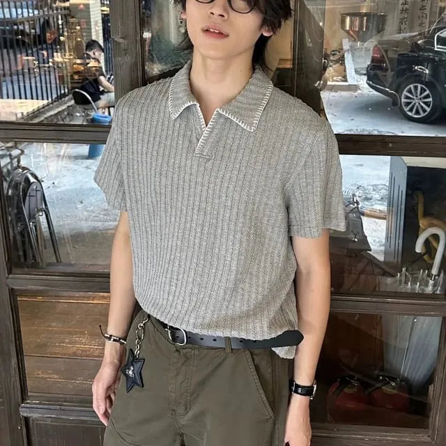 Short-Sleeve Contrast Stitching Ribbed Polo Shirt