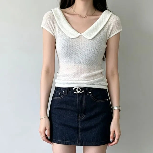 Cap-Sleeve V-Neck Collared Plain Knit Top