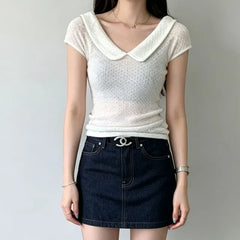 Cap-Sleeve V-Neck Collared Plain Knit Top