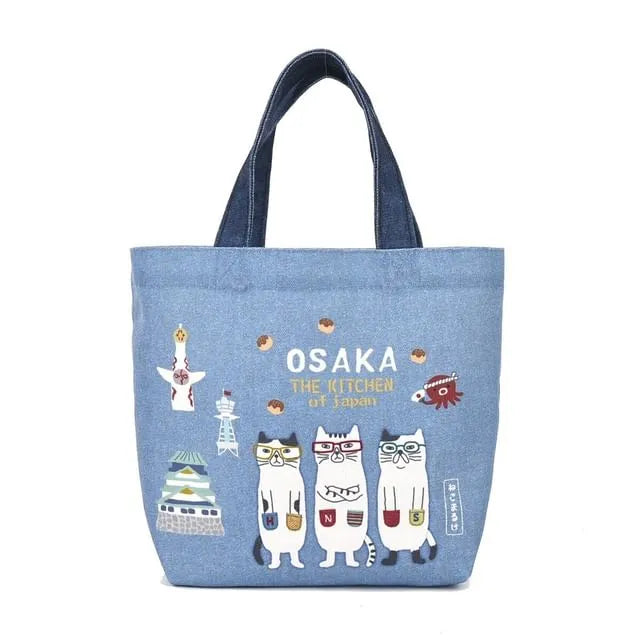 Cat Nekomaruke Osaka Trip Mini Canvas Tote Bag Light Blue