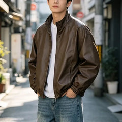 Oversized Stand-Collar Faux-Leather Jacket