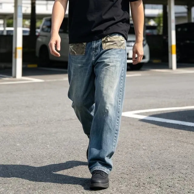 Washed Camouflage-Panel Straight-Cut Jeans