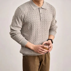 Long-Sleeve Cable Knit Plain Polo Shirt