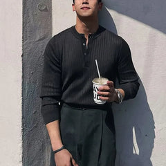 Long-Sleeve Henley Plain Knit Top