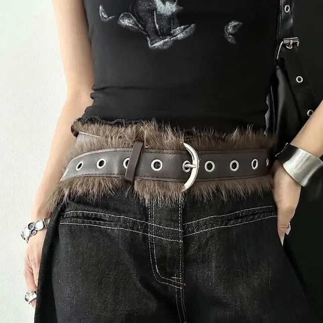 Faux Fur Trimmed Faux Leather Belt