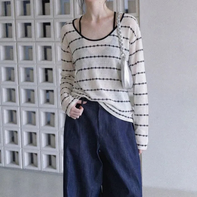 Set: Long-Sleeve Striped Top + Halter Neck Crop Top