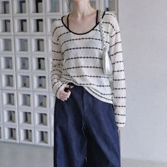 Set: Long-Sleeve Striped Top + Halter Neck Crop Top