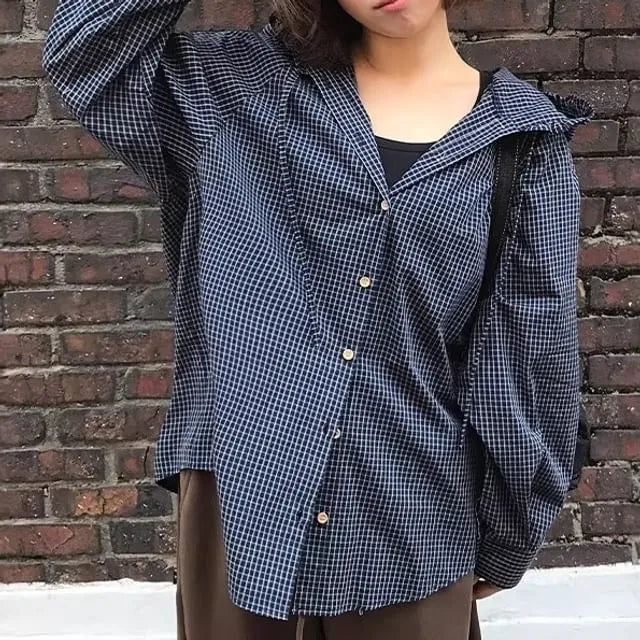 Long-Sleeve Hooded Plaid Shirt