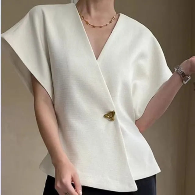 Short-Sleeve V-Neck Plain Single Button Blouse