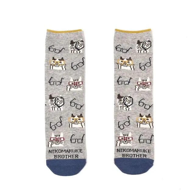Nekomaruke Cat Print Socks Gray