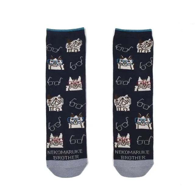 Nekomaruke Cat Print Socks Blue
