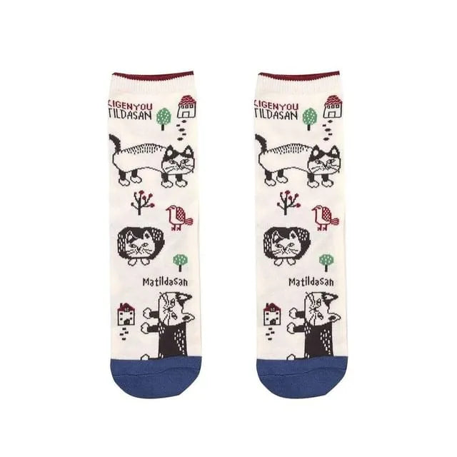 Matildasan Cat Print Socks Ivory