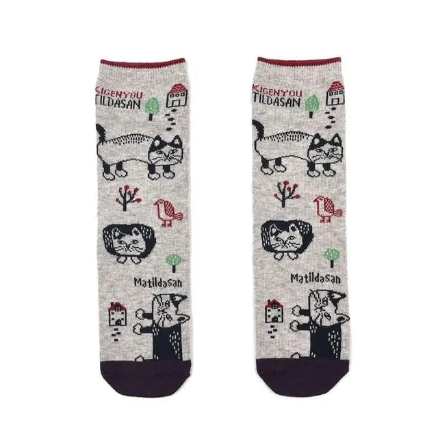 Matildasan Cat Print Socks Gray