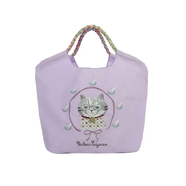 Parlor Suzurando Water Repellent Cat Embroidery Tote Bag M Size Purple