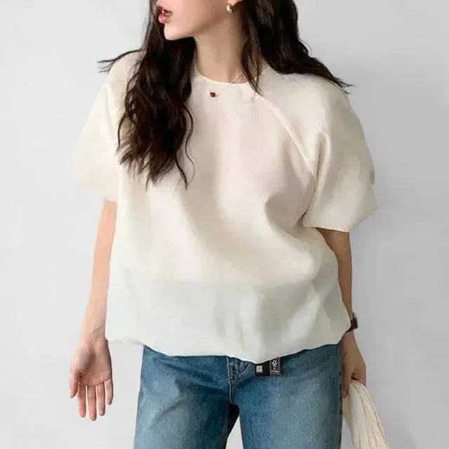 Puff Sleeve Round Neck Plain Blouse