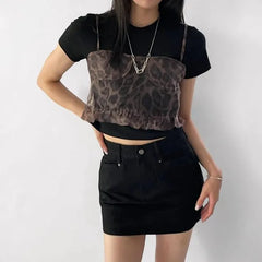 Short-Sleeve Crew Neck Mock Two Piece Leopard T-Shirt