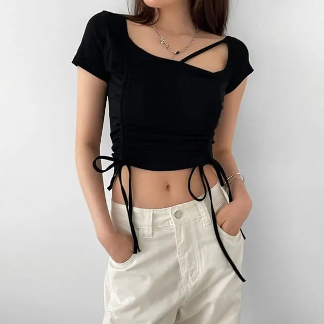 Short-Sleeve Square Neck Plain Ruched Crop T-Shirt