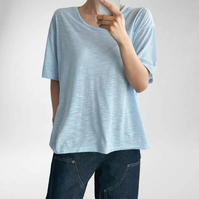 Short-Sleeve Round Neck Plain Slit T-Shirt