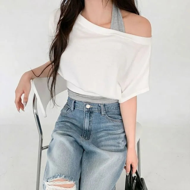 Set: Scoop Neck Plain Tank Top + Short-Sleeve Off Shoulder Asymmetrical Plain Crop T-Shirt