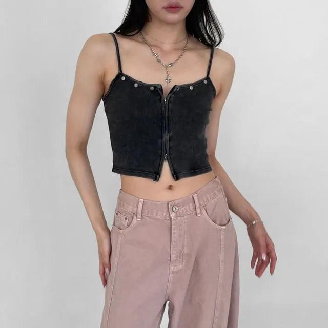 Spaghetti Strap Scoop Neck Plain Studded Crop Camisole Top
