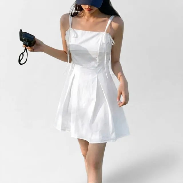 Spaghetti Strap Plain Drawstring Mini A-Line Dress