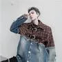 Plaid Panel Distressed Denim Jacket