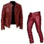 Set: Stand Collar Plain Faux Leather Zip Biker Jacket + Mid Rise Straight Leg Cargo Pants