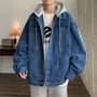 Collared Mock Two-Piece Washed Hooded Button-Up Denim Jacket
