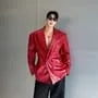 Peak Lapel Plain Faux Leather Double-Breasted Blazer