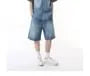 Elbow-Sleeve Washed Button-Up Denim Shirt / Mid Rise Wide Leg Jorts