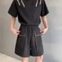 Drawstring Waist Plain Studded Shorts