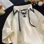 Short Sleeve Collared Contrast Trim Lace Up Top