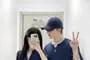 Couple Matching Mock Two-Piece Short-Sleeve Notch Neck Two Tone Crop Tee / Elbow-Sleeve Round Neck Tee