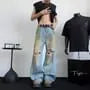 Mid Rise Distressed Washed Wide Leg Jeans