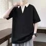 Mock Two-Piece Elbow-Sleeve V-Neck Collared Two Tone T-Shirt