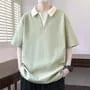 Mock Two-Piece Elbow-Sleeve V-Neck Collared Two Tone T-Shirt