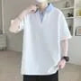 Mock Two-Piece Elbow-Sleeve V-Neck Collared Two Tone T-Shirt