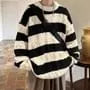 Crew Neck Striped Cable-Knit Oversized Sweater