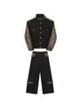 Set: Stand Collar Panel Faux Leather Button Denim Jacket + Mid Rise Straight Leg Jeans