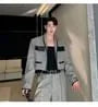 Set: Shawl Collar Melange Panel Faux Leather Open Front Jacket + Mid Rise Wide Leg Pants