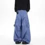 Mid Rise Gingham Panel Distressed Wide Leg Cargo Pants