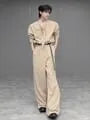 Long-Sleeve Tie Neck Plain Button Up Shirt / Mid Rise Plain Wide Leg Dress Pants / Set