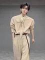 Long-Sleeve Tie Neck Plain Button Up Shirt / Mid Rise Plain Wide Leg Dress Pants / Set